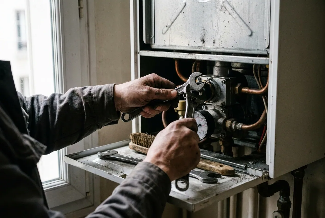 Chauffagiste réalisant l'entretien annuel d'une chaudière gaz à Boulogne-Billancourt