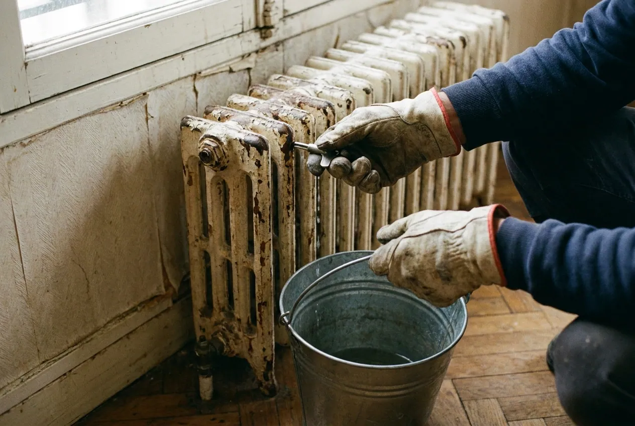 Purge d'un radiateur en fonte dans un immeuble ancien de Boulogne-Billancourt